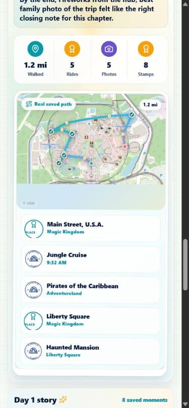 Park Magic Live trip recap showing the saved park route and visited stops