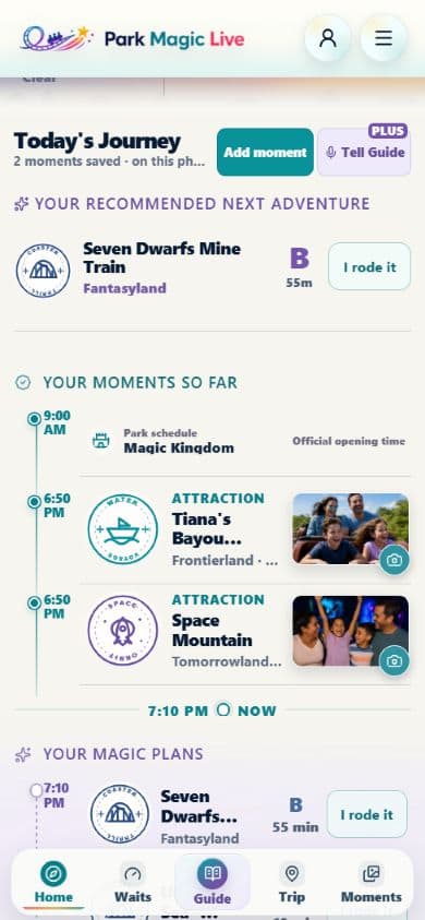 Park Magic Live Today screen with a live trip journal and next ride recommendation