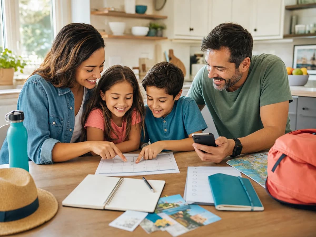 A family happily planning an upcoming park trip together