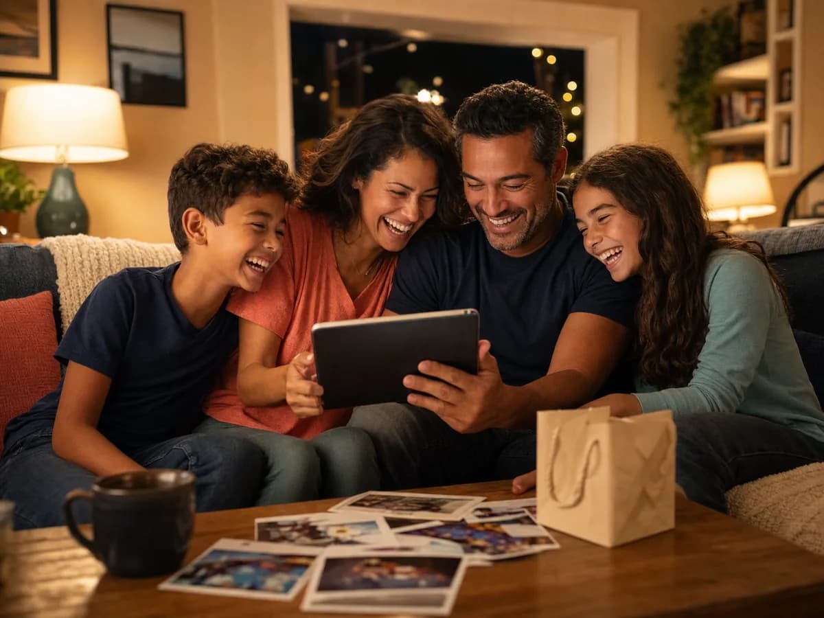 A family laughing together while looking back through their trip photos