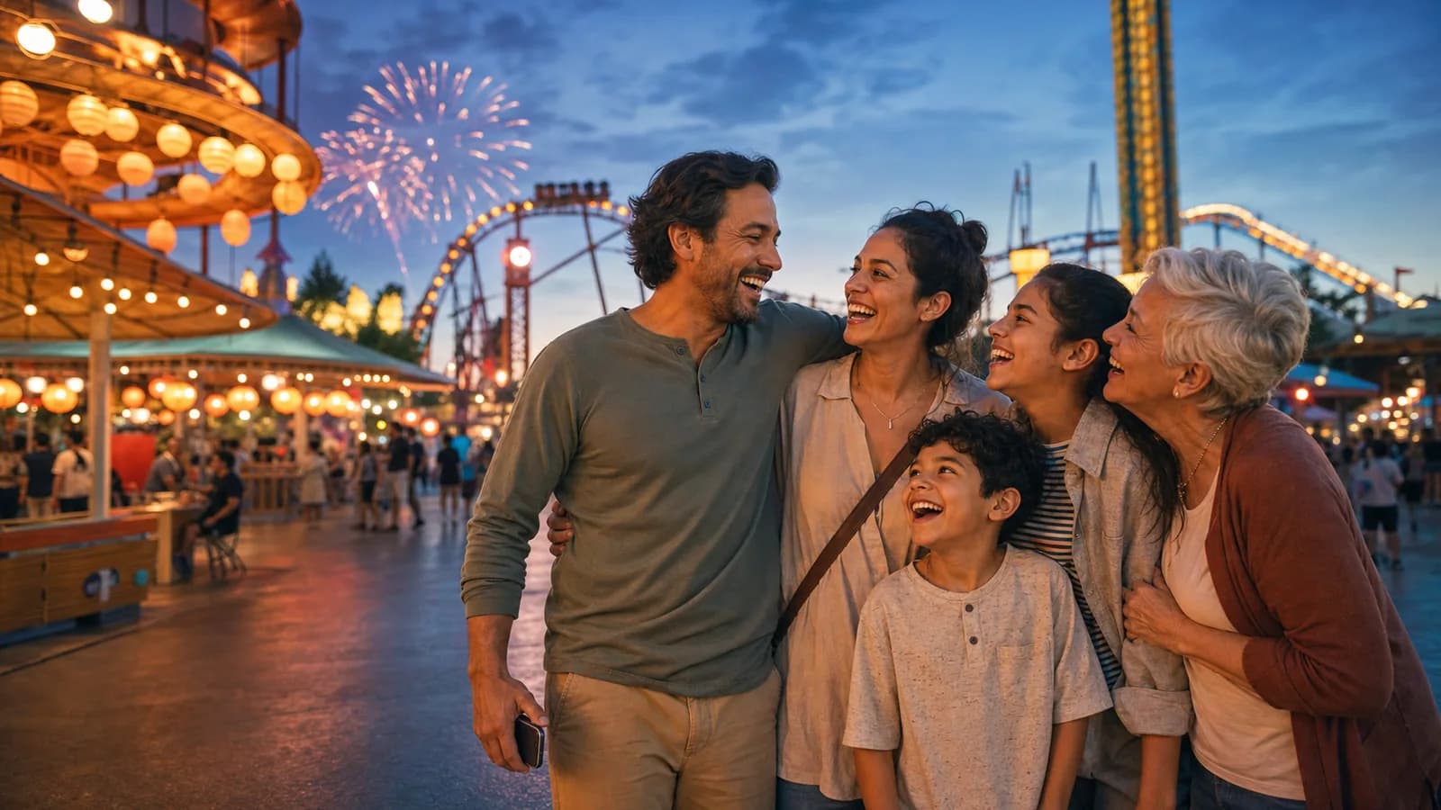 A family sharing a laugh together beneath the lights of a theme park
